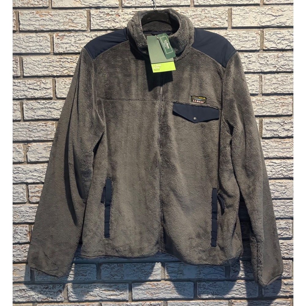 LL Bean Hi-Pile Fleece Jacket Mens Gray Navy Blue Full Zip Outdoor Sweater NWT